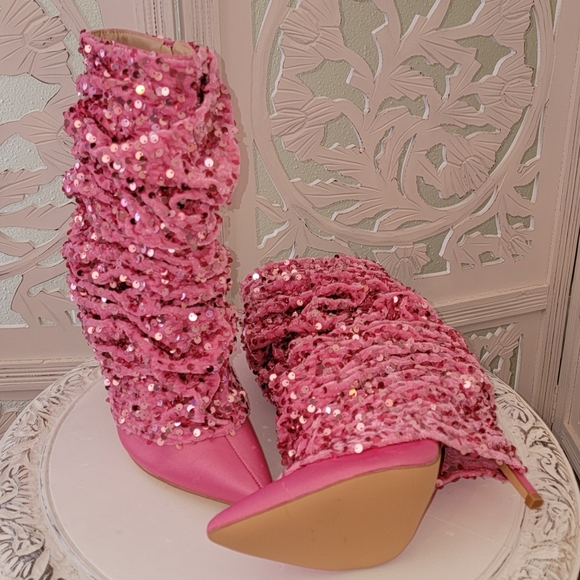 Custom Order "THEA" Pink Sequin Velvet & Satin Ankle Boots - Picture 4 of 7